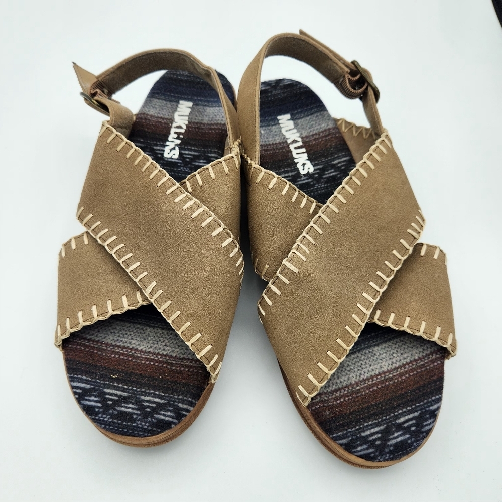 MUK LUKS Women's City High Rise Sandals Taupe Faux Suede Boho Cross-Strap Size 9